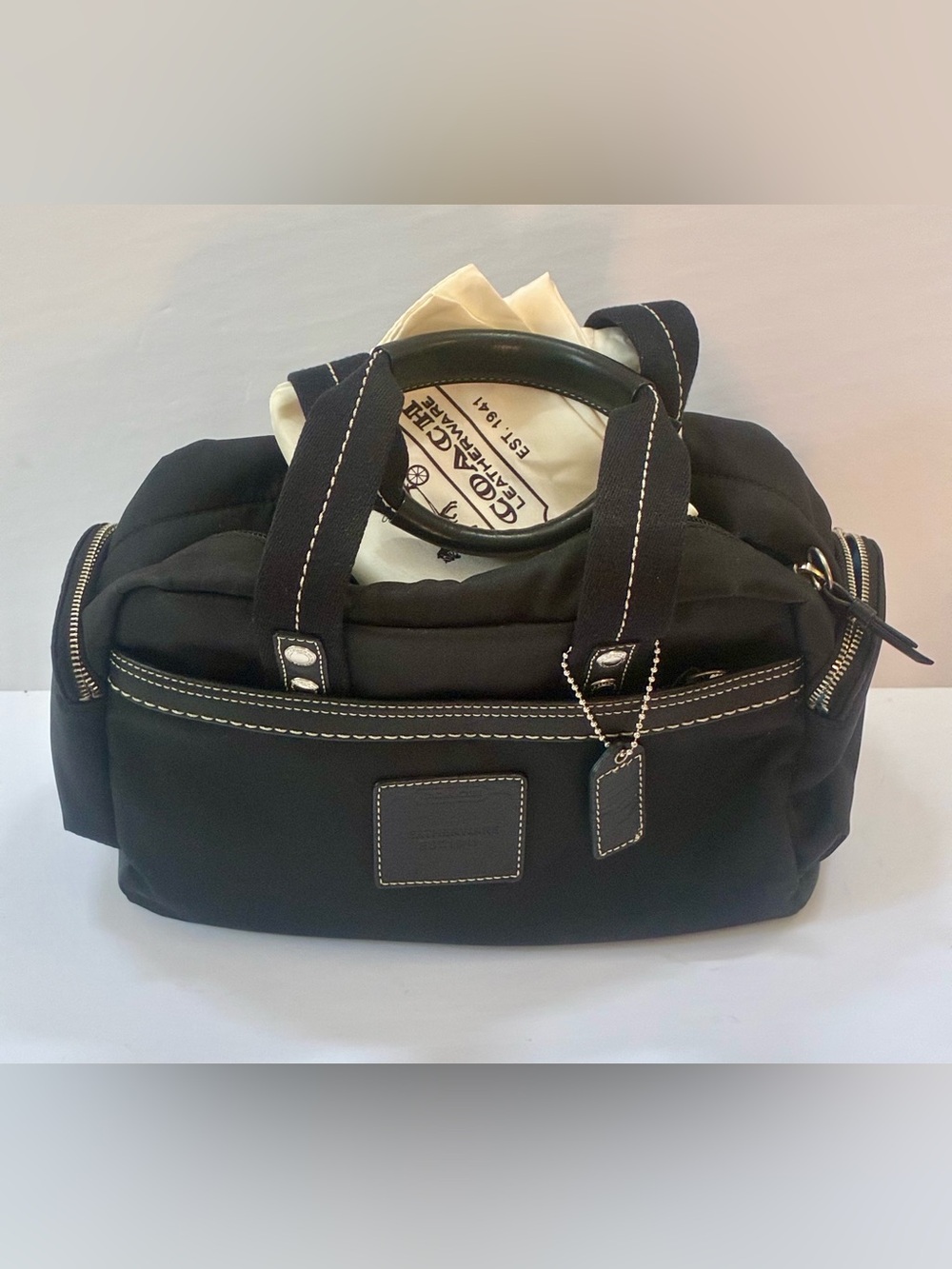 Vintage Coach Hampton Black Nylon/Leather Satchel Handbag + Dust Bag
